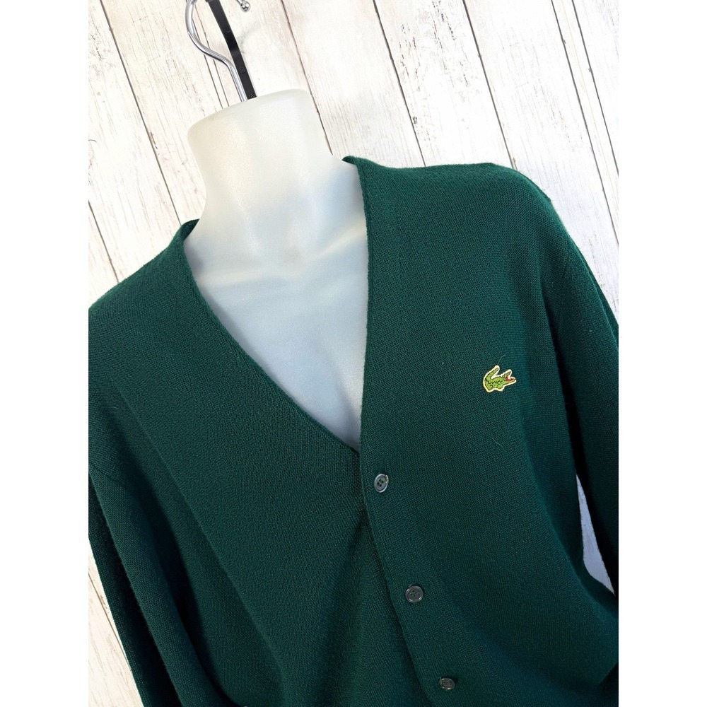 Men's Izod Lacoste Dark Green V-Neck Button Cardigan Sweater Acrylic L  Vintage